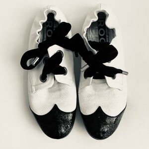 ROCHAS Color Block Black & White Leather Lace-Up Ballerina Flats SZ 6/36